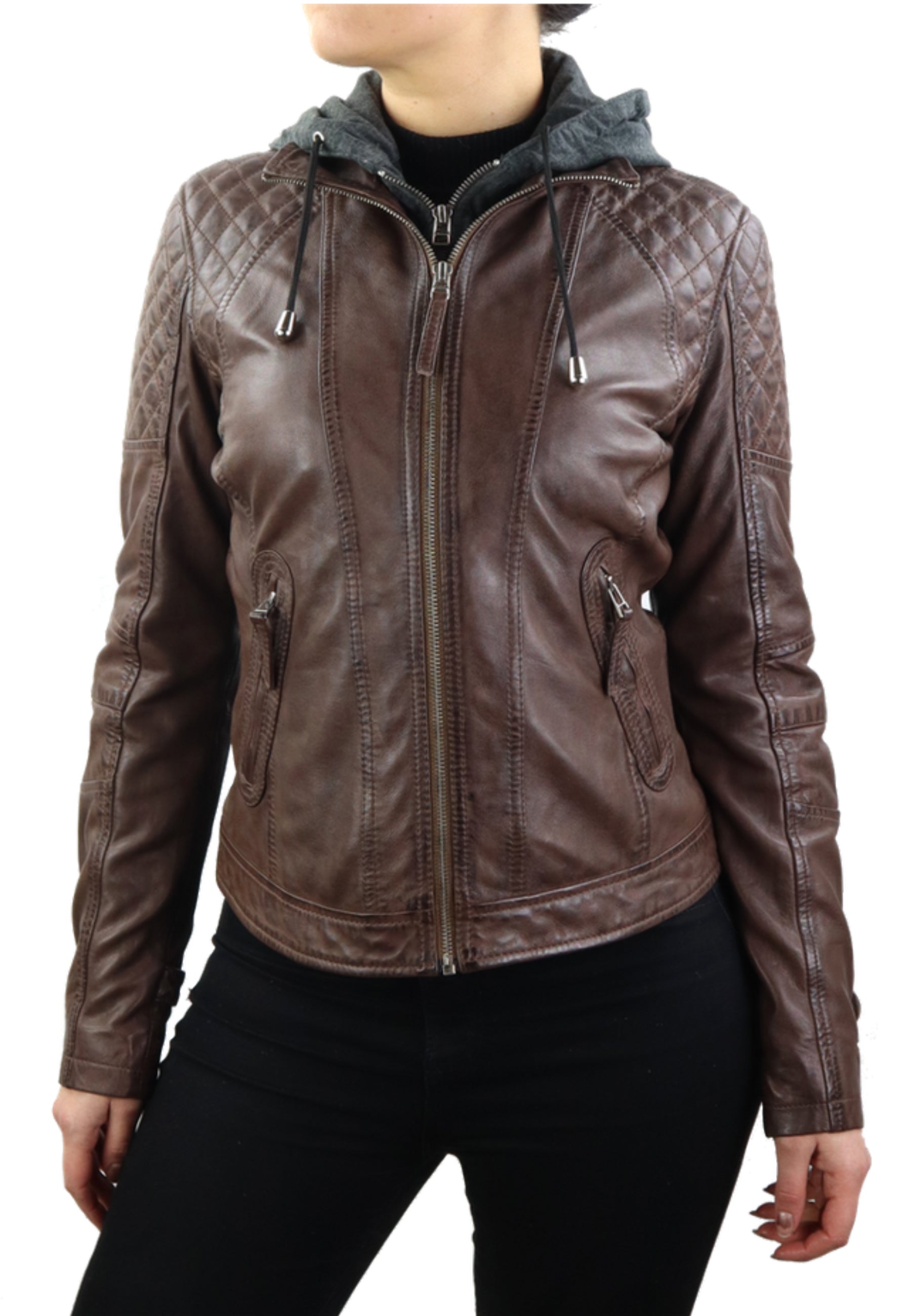Lederjacke Samantha Sportliche Jacke mit abnehmbarer Kapuze